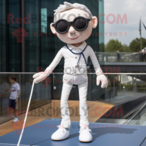 White Tightrope Walker mascot costume character dressed with a Jeans and Sunglasses