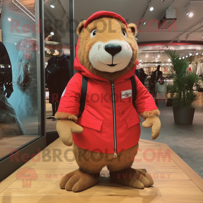 Red Capybara mascot costume character dressed with a Parka and Shoe laces Red Capybara mascot costume character dressed with a Parka and Shoe laces