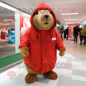 Red Capybara mascot costume character dressed with a Parka and Shoe laces