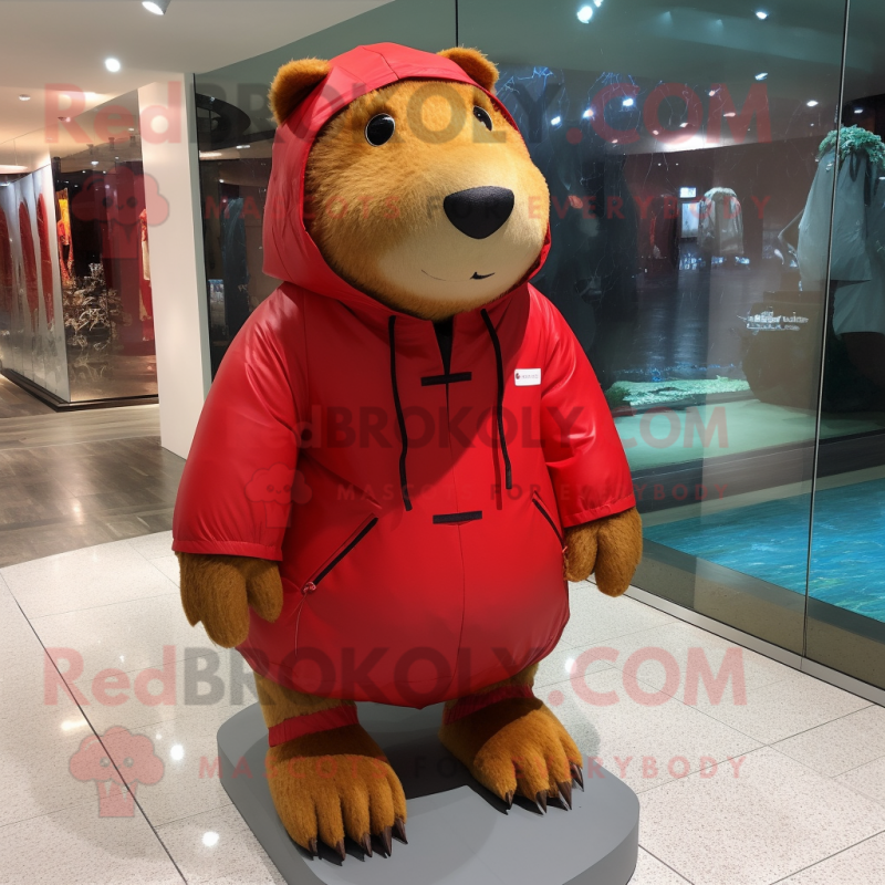 Red Capybara mascot costume character dressed with a Parka and Shoe laces