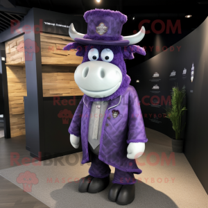Purple Steak mascot costume character dressed with a Suit and Shawls