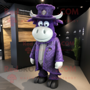 Purple Steak mascot costume character dressed with a Suit and Shawls
