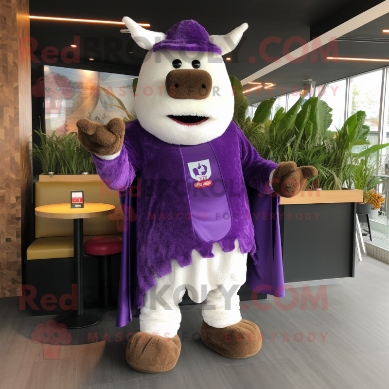 Purple Steak mascot costume character dressed with a Suit and Shawls