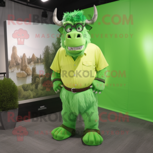 Lime Green Bison mascot costume character dressed with a Dress Shirt and Eyeglasses
