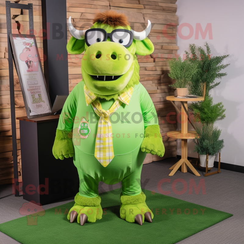 Lime Green Bison mascot costume character dressed with a Dress Shirt and Eyeglasses