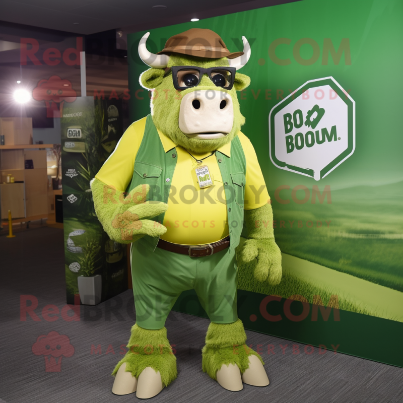 Lime Green Bison mascot costume character dressed with a Dress Shirt and Eyeglasses Lime Green Bison mascot costume character dressed with a Dress Shirt and Eyeglasses