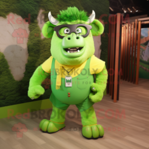 Lime Green Bison mascot costume character dressed with a Dress Shirt and Eyeglasses