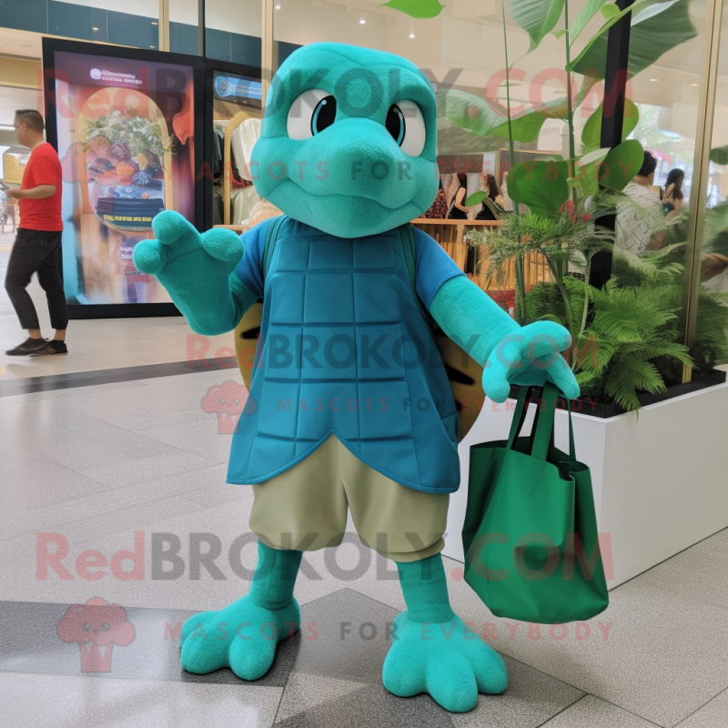 Green Turtle mascot costume character dressed with a Romper and Tote bags