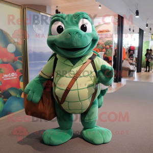 Green Turtle mascot costume character dressed with a Romper and Tote bags