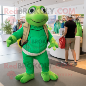 Green Turtle mascot costume character dressed with a Romper and Tote bags