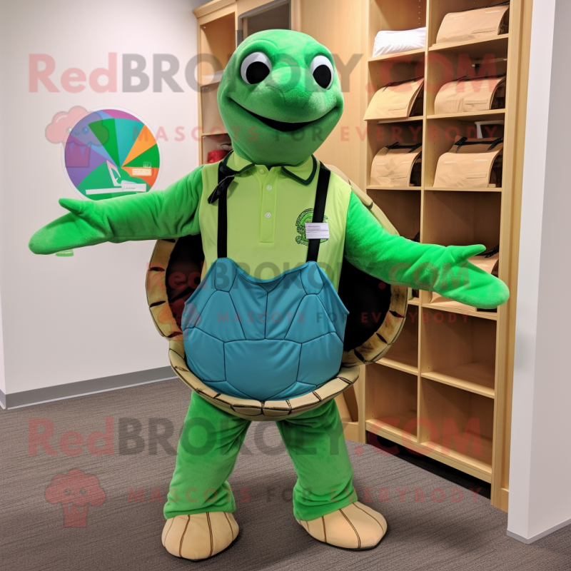 Green Turtle mascot costume character dressed with a Romper and Tote bags Green Turtle mascot costume character dressed with a Romper and Tote bags