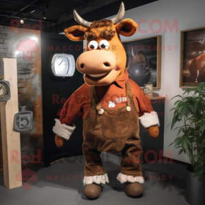 Rust Zebu mascot costume character dressed with a Dungarees and Cufflinks
