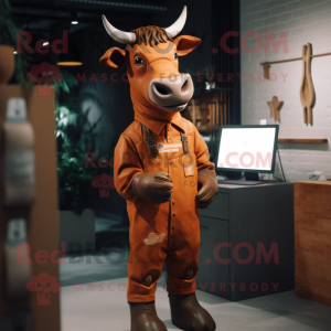 Rust Zebu mascot costume character dressed with a Dungarees and Cufflinks