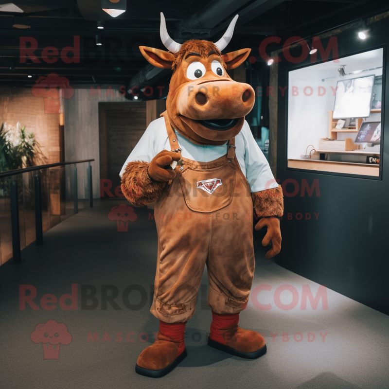 Rust Zebu mascot costume character dressed with a Dungarees and Cufflinks