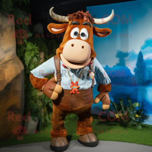Rust Zebu mascot costume character dressed with a Dungarees and Cufflinks