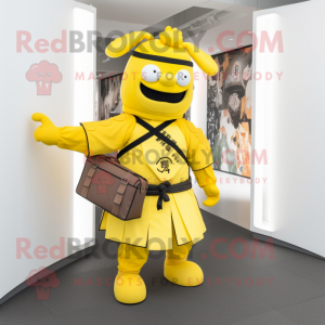 Yellow Samurai mascot costume character dressed with a Suit and Messenger bags