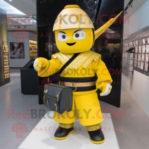 Yellow Samurai mascot costume character dressed with a Suit and Messenger bags