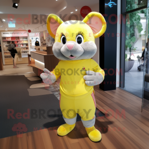 Yellow Mouse mascot costume character dressed with a Running Shorts and Mittens