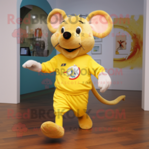 Yellow Mouse mascot costume character dressed with a Running Shorts and Mittens