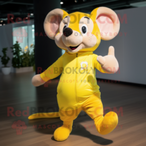 Yellow Mouse mascot costume character dressed with a Running Shorts and Mittens