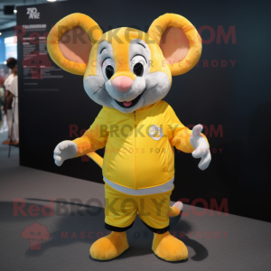 Yellow Mouse mascot costume character dressed with a Running Shorts and Mittens