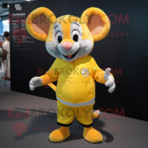Yellow Mouse mascot costume character dressed with a Running Shorts and Mittens