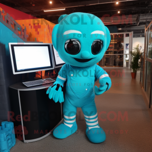 Turquoise Computer mascot costume character dressed with a Romper and Bracelets