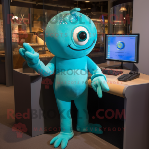 Turquoise Computer mascot costume character dressed with a Romper and Bracelets