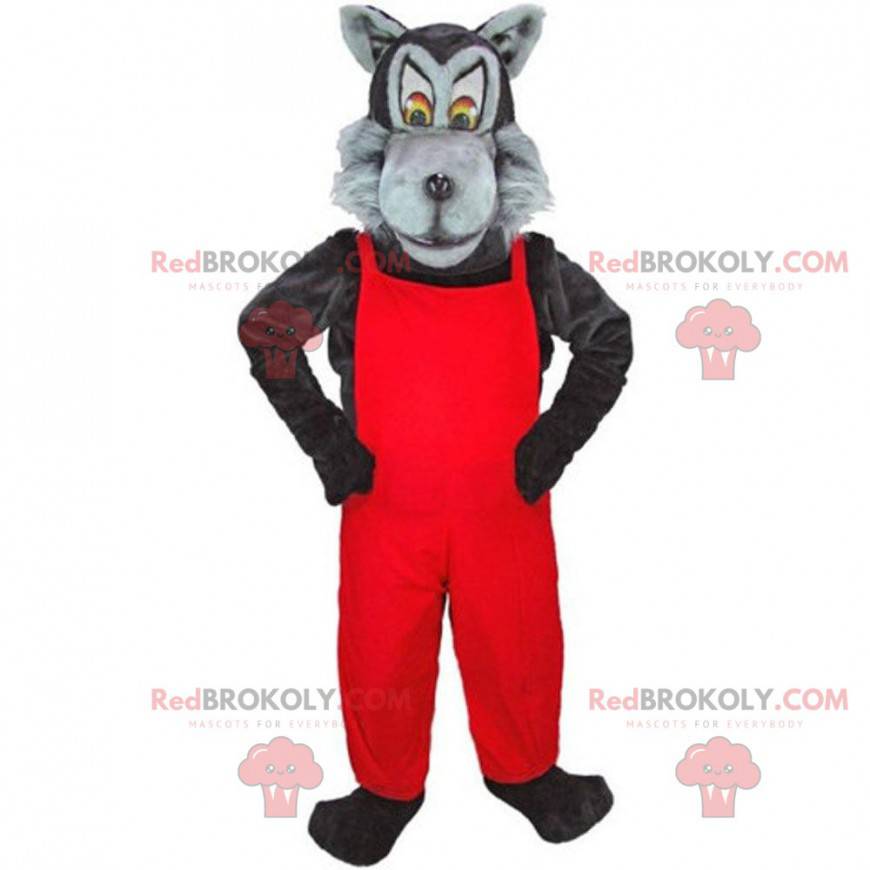 Mascota lobo gris y negro con guardapolvos rojos -