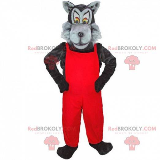 Mascotte de loup gris et noir avec une salopette rouge -