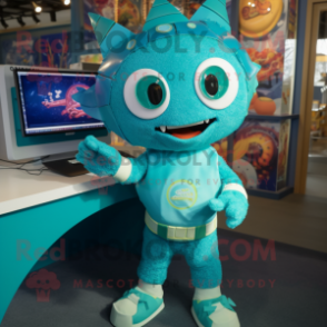 Turquoise Computer mascot costume character dressed with a Romper and Bracelets