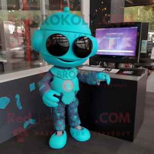 Turquoise Computer mascot costume character dressed with a Romper and Bracelets