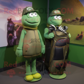Olive Golf Bag mascot costume character dressed with a Turtleneck and Caps