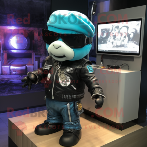 Cyan Television mascot costume character dressed with a Biker Jacket and Hat pins