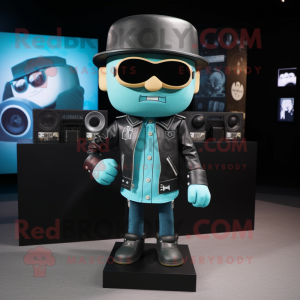 Cyan Television mascot costume character dressed with a Biker Jacket and Hat pins