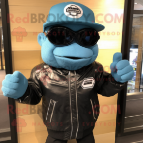 Cyan Television mascot costume character dressed with a Biker Jacket and Hat pins