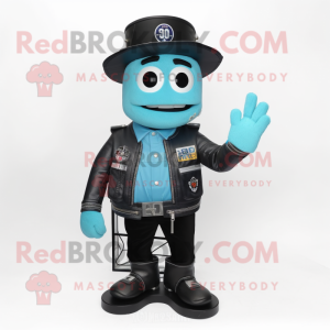 Cyan Television mascot costume character dressed with a Biker Jacket and Hat pins