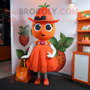 Orange Strawberry mascot costume character dressed with a Cocktail Dress and Tote bags