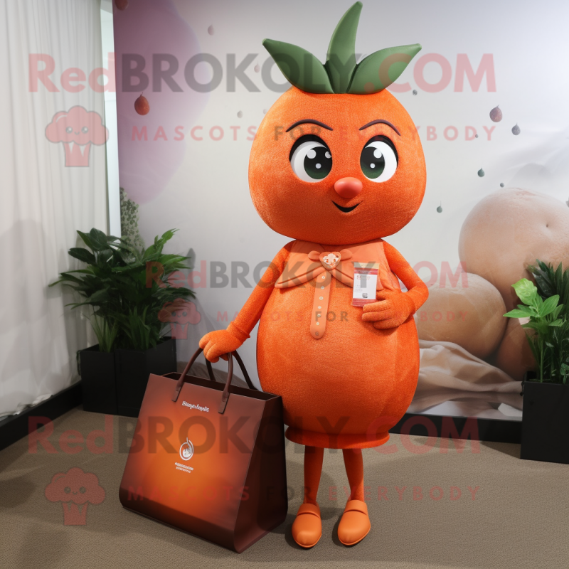 Orange Strawberry mascot costume character dressed with a Cocktail Dress and Tote bags Orange Strawberry mascot costume character dressed with a Cocktail Dress and Tote bags