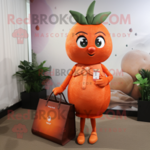 Orange Strawberry mascot costume character dressed with a Cocktail Dress and Tote bags