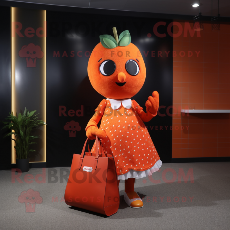 Orange Strawberry mascot costume character dressed with a Cocktail Dress and Tote bags