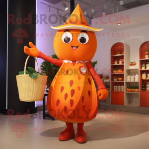 Orange Strawberry mascot costume character dressed with a Cocktail Dress and Tote bags