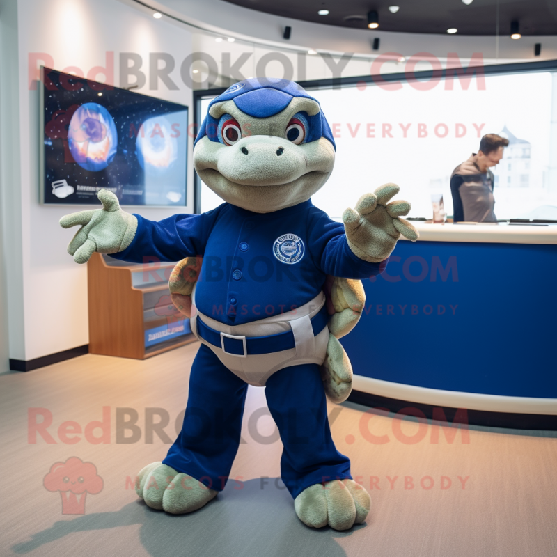 Navy Turtle mascot costume character dressed with a T-Shirt and Hairpins