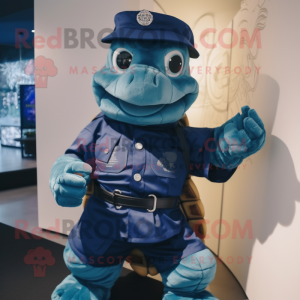 Navy Turtle mascot costume character dressed with a T-Shirt and Hairpins