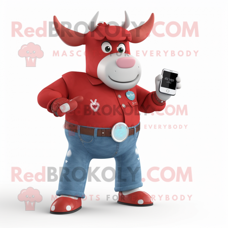 Red Zebu mascot costume character dressed with a Boyfriend Jeans and Digital watches