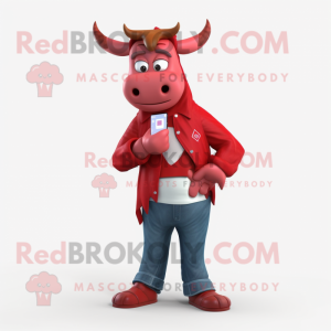 Red Zebu mascot costume character dressed with a Boyfriend Jeans and Digital watches