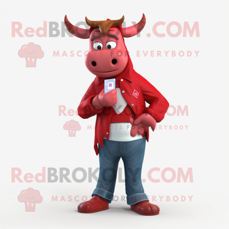Red Zebu mascot costume character dressed with a Boyfriend Jeans and Digital watches Red Zebu mascot costume character dressed with a Boyfriend Jeans and Digital watches