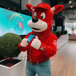 Red Zebu mascot costume character dressed with a Boyfriend Jeans and Digital watches