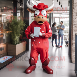 Red Zebu mascot costume character dressed with a Boyfriend Jeans and Digital watches