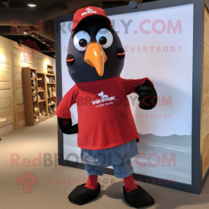 Red Toucan mascot costume character dressed with a Henley Shirt and Shoe laces